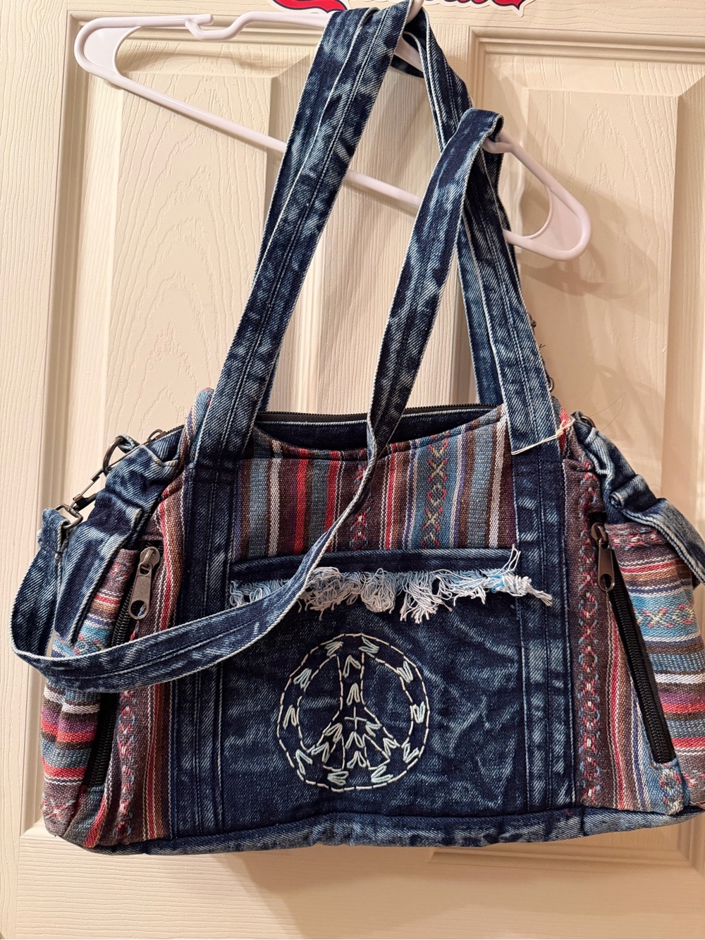 Denim Peace Sign Shoulder Bag with Multicolor Stripe Woven Accents